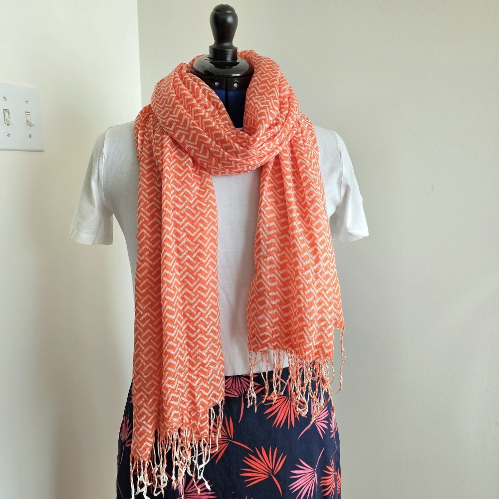 Boho Geometric Scarf Bright Modern Orange White Lightweight Fringe Summer Wrap